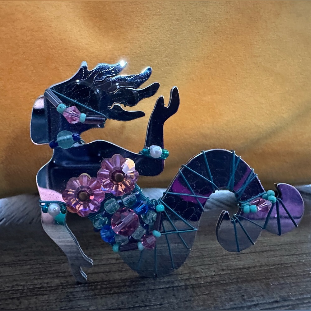 Pink and Turquoise Mermaid Brooch with Beaded Accents